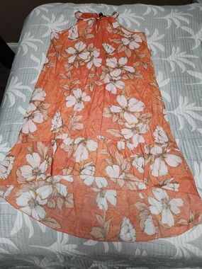 Orange Floral Halter Sundress with White Blossoms